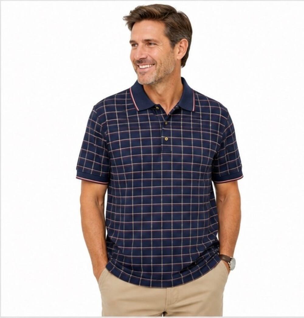 Pebble Beach Men's XL Plaid Golf Polo Shirt Navy Blue Red White